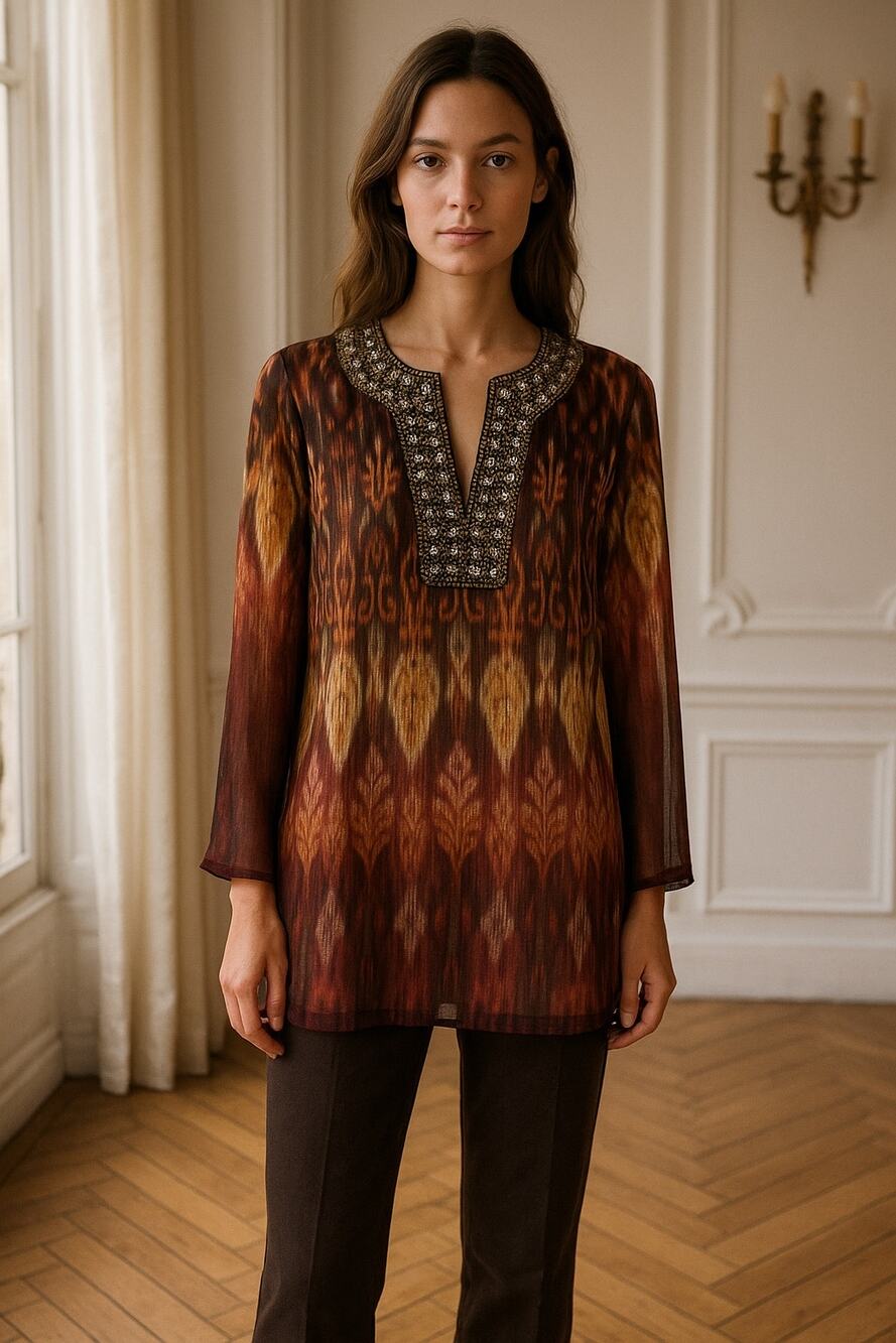 Chico's Brown Orange Paisley Floral Sheer Sequin Top 3